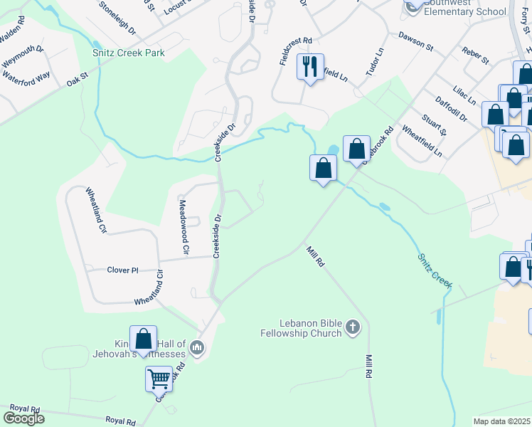 map of restaurants, bars, coffee shops, grocery stores, and more near 1012 Glenwood Lane in Lebanon