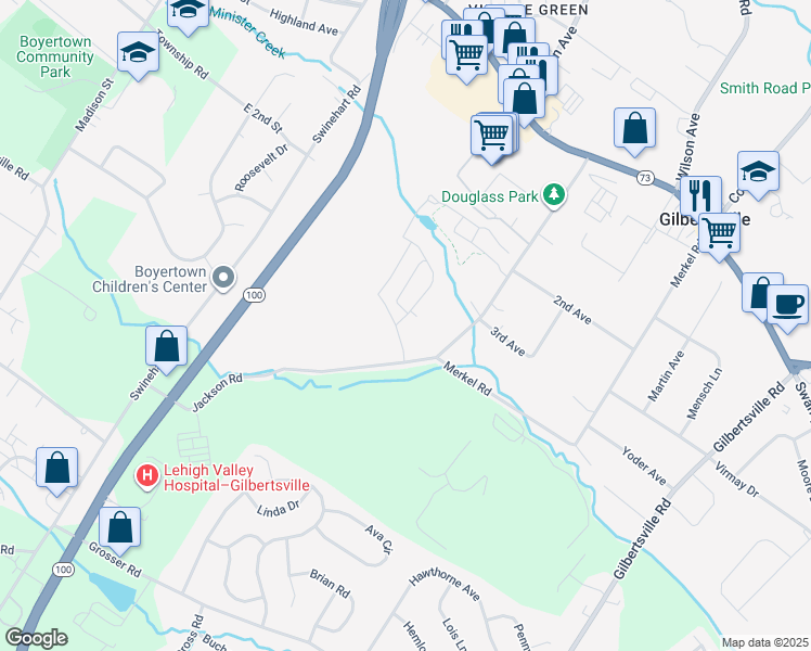 map of restaurants, bars, coffee shops, grocery stores, and more near 300 Jackson Road in Gilbertsville