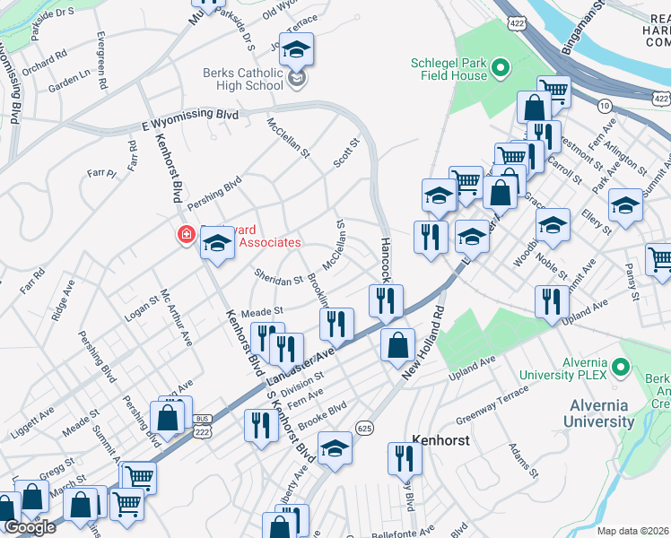 map of restaurants, bars, coffee shops, grocery stores, and more near 206 McClellan Street in Reading