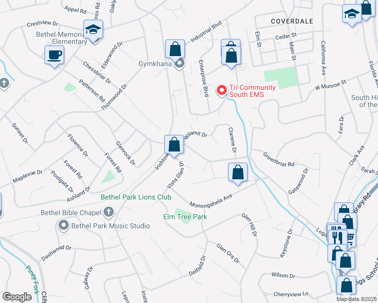 map of restaurants, bars, coffee shops, grocery stores, and more near 926 Logan Road in Bethel Park
