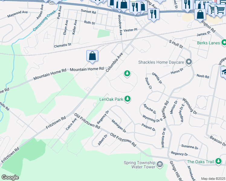 map of restaurants, bars, coffee shops, grocery stores, and more near 30 Michigan Drive in Sinking Spring