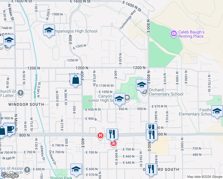 map of restaurants, bars, coffee shops, grocery stores, and more near 566 East 1090 North in Orem