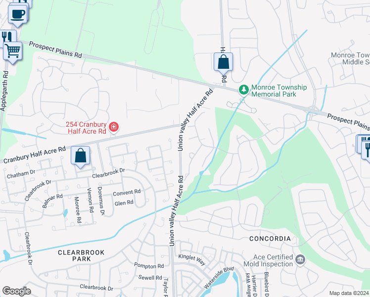 map of restaurants, bars, coffee shops, grocery stores, and more near 8G Benjamin Franklin Drive in Monroe Township