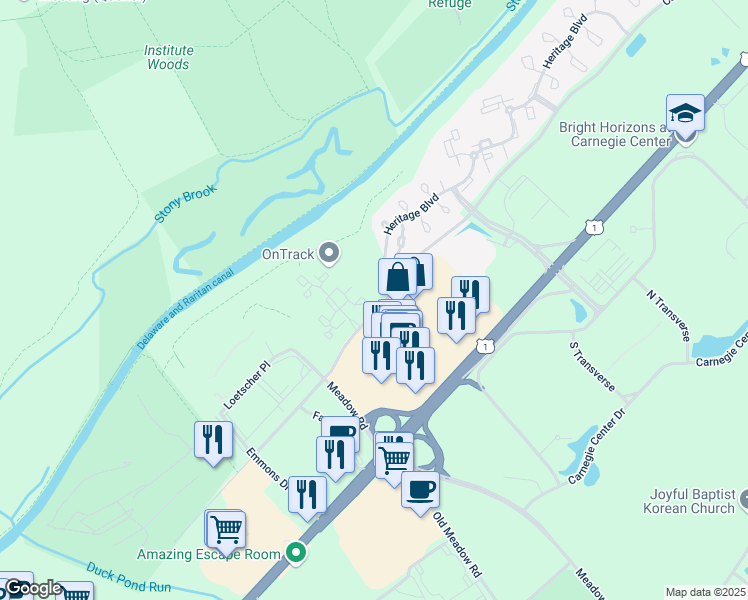 map of restaurants, bars, coffee shops, grocery stores, and more near 118 Acadia Court in Princeton