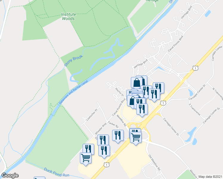 map of restaurants, bars, coffee shops, grocery stores, and more near 109 Wrangel Court in Princeton