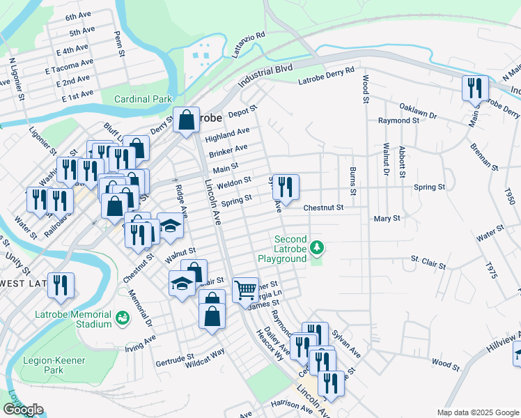 map of restaurants, bars, coffee shops, grocery stores, and more near 736 Chestnut Street in Latrobe