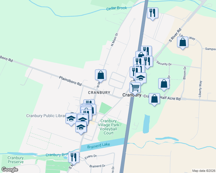 map of restaurants, bars, coffee shops, grocery stores, and more near 5 Griggs Road in Cranbury