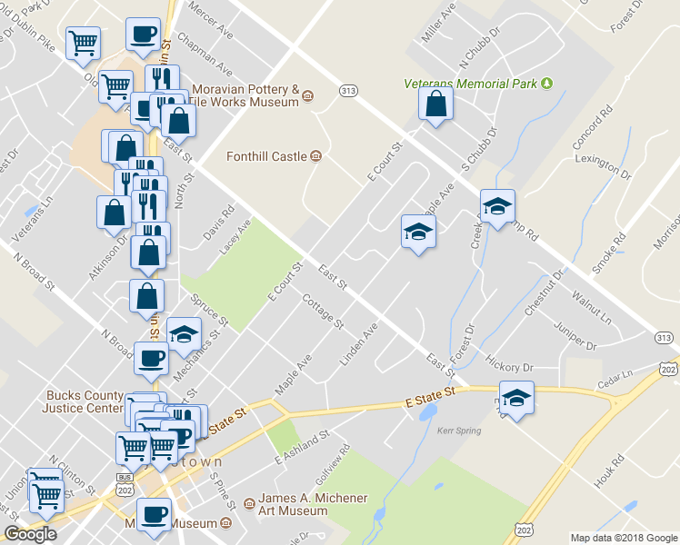 map of restaurants, bars, coffee shops, grocery stores, and more near 97 East Street in Doylestown