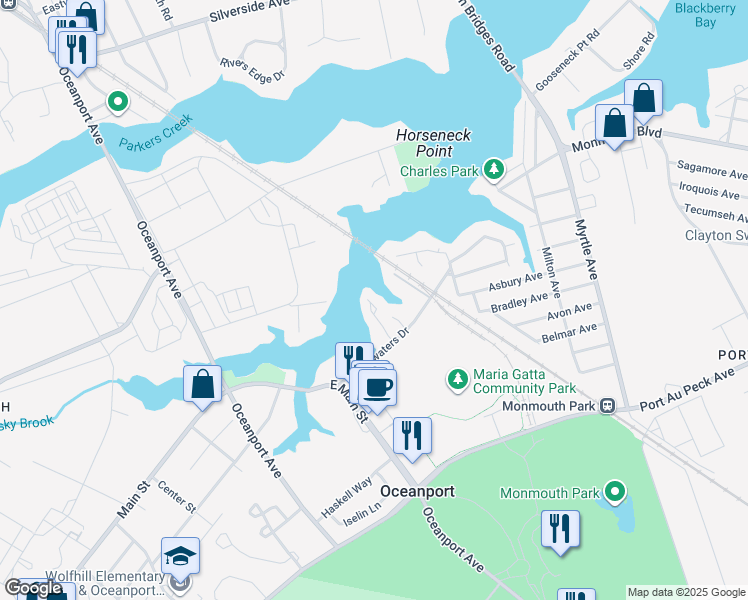 map of restaurants, bars, coffee shops, grocery stores, and more near 57 Bridgewaters Drive in Oceanport