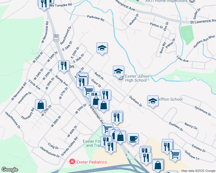 map of restaurants, bars, coffee shops, grocery stores, and more near 21 East 39th Street in Reading