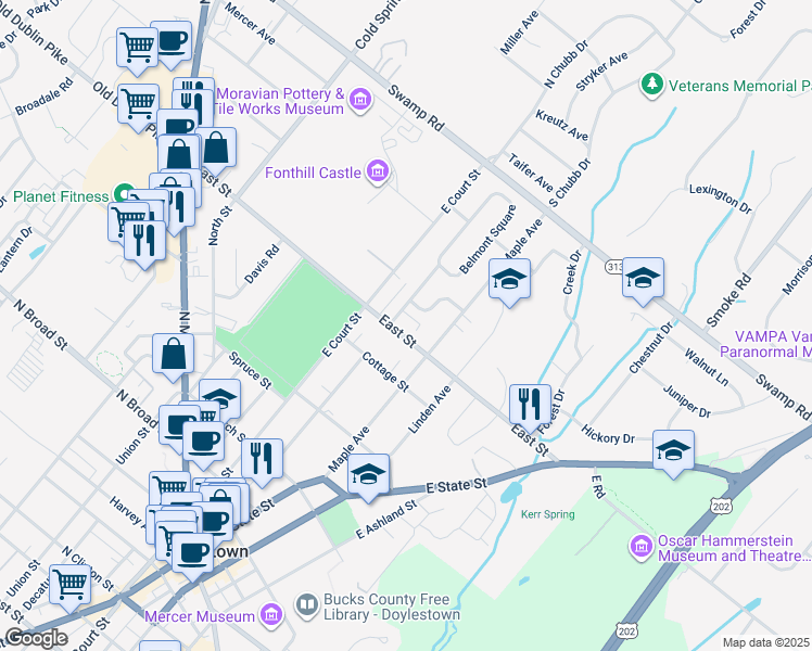 map of restaurants, bars, coffee shops, grocery stores, and more near 97 East Street in Doylestown