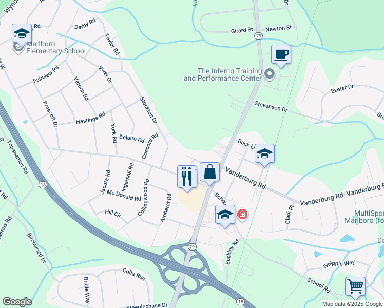 map of restaurants, bars, coffee shops, grocery stores, and more near 18 Hobart Street in Marlboro