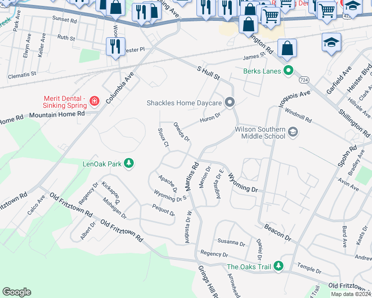 map of restaurants, bars, coffee shops, grocery stores, and more near 397 Wyoming Drive North in Sinking Spring