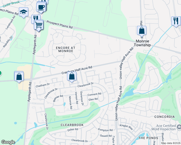 map of restaurants, bars, coffee shops, grocery stores, and more near 332B Quinton Drive in Monroe Township