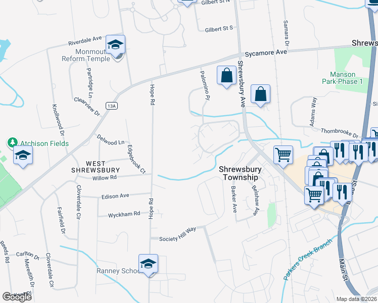 map of restaurants, bars, coffee shops, grocery stores, and more near 17 Helene Court in Tinton Falls