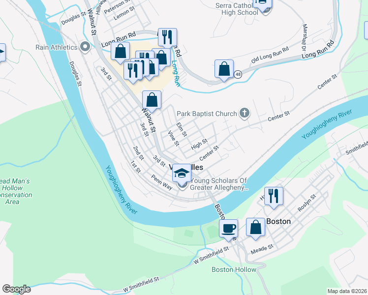 map of restaurants, bars, coffee shops, grocery stores, and more near 505 High Street in McKeesport