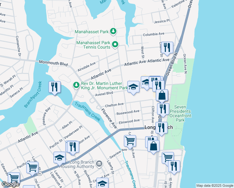 map of restaurants, bars, coffee shops, grocery stores, and more near 138 Avenel Boulevard in Long Branch