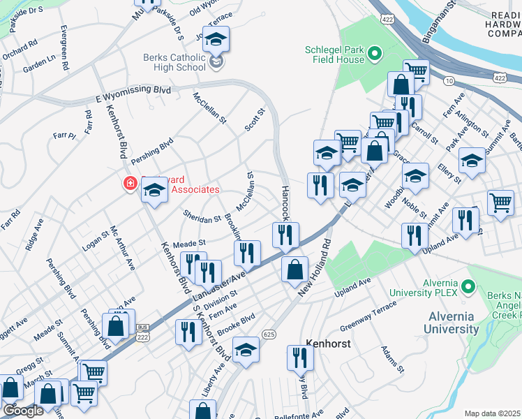 map of restaurants, bars, coffee shops, grocery stores, and more near 204 Clifton Avenue in Reading