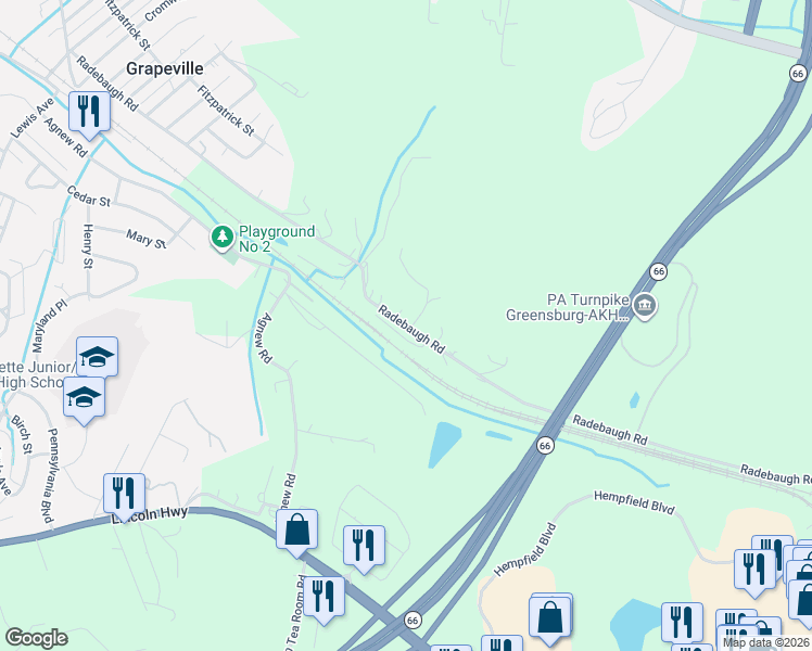 map of restaurants, bars, coffee shops, grocery stores, and more near 2705 Radebaugh Road in Jeannette