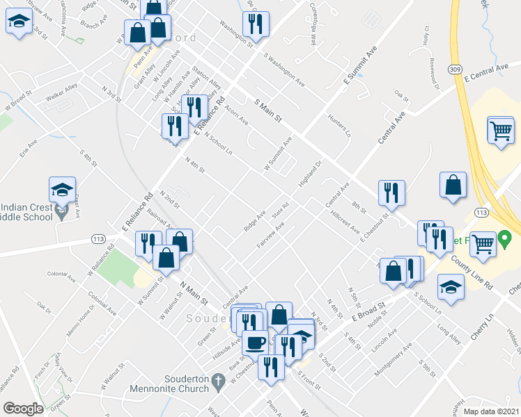 map of restaurants, bars, coffee shops, grocery stores, and more near 407 Ridge Avenue in Souderton