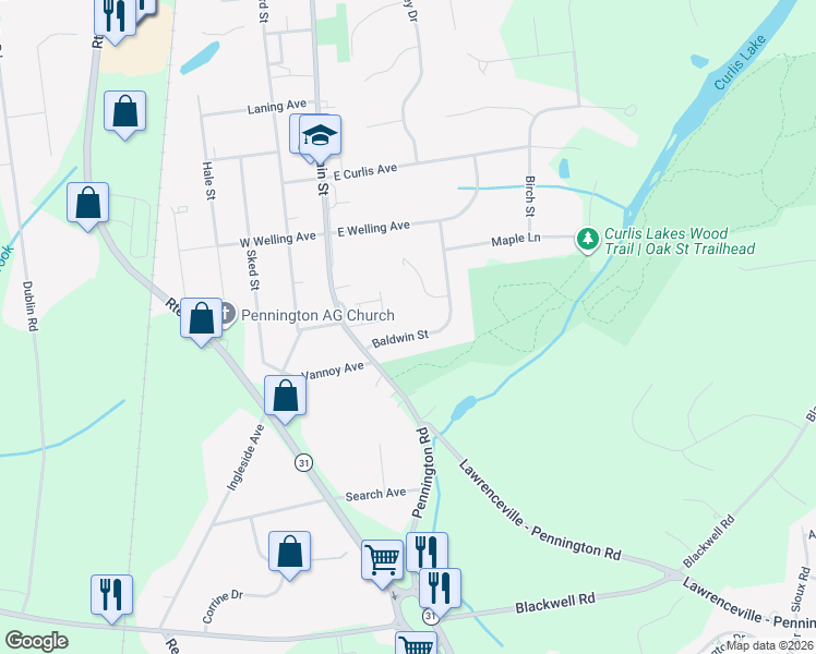 map of restaurants, bars, coffee shops, grocery stores, and more near 26 Baldwin Street in Pennington