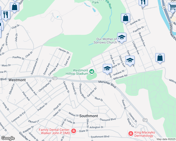map of restaurants, bars, coffee shops, grocery stores, and more near 845 Luzerne Street in Johnstown