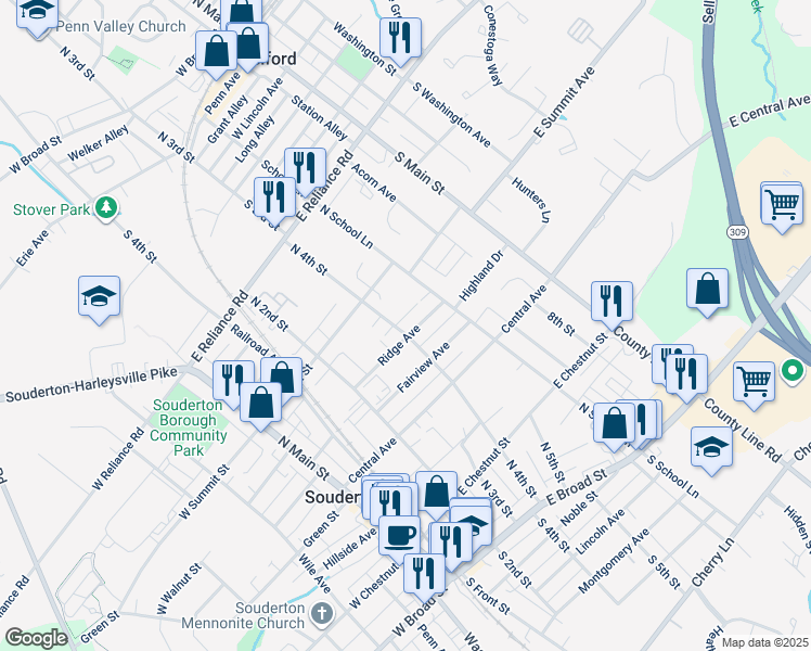 map of restaurants, bars, coffee shops, grocery stores, and more near 407 Ridge Avenue in Souderton