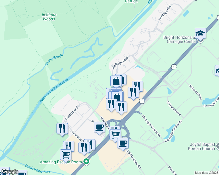 map of restaurants, bars, coffee shops, grocery stores, and more near 118 Acadia Court in Princeton