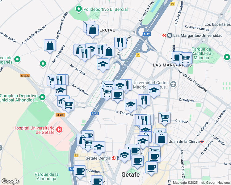map of restaurants, bars, coffee shops, grocery stores, and more near 13 Calle Torroja in Getafe