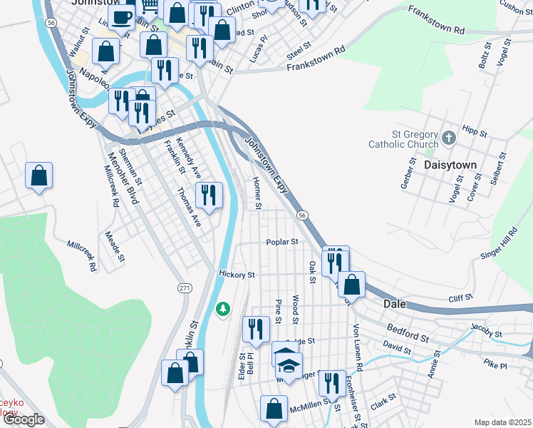 map of restaurants, bars, coffee shops, grocery stores, and more near 201 Horner Street in Johnstown