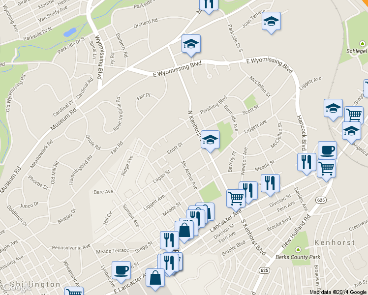 map of restaurants, bars, coffee shops, grocery stores, and more near 1344 Scott Street in Reading
