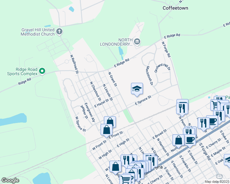 map of restaurants, bars, coffee shops, grocery stores, and more near 609 North Grant Street in Palmyra