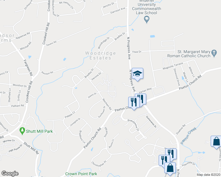 map of restaurants, bars, coffee shops, grocery stores, and more near 602 Cherrington Drive in Harrisburg