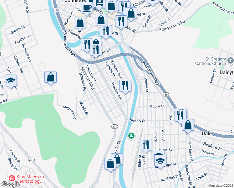 map of restaurants, bars, coffee shops, grocery stores, and more near 726 Thomas Avenue in Johnstown