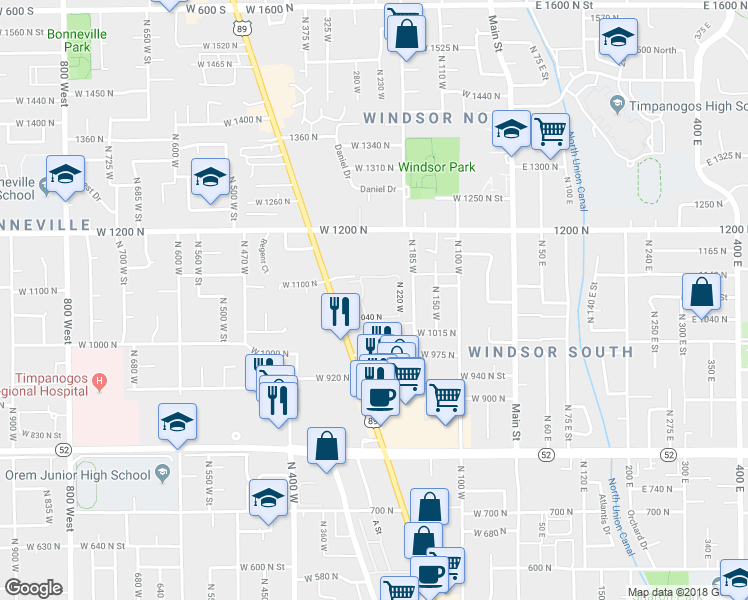map of restaurants, bars, coffee shops, grocery stores, and more near 1055 North State Street in Orem