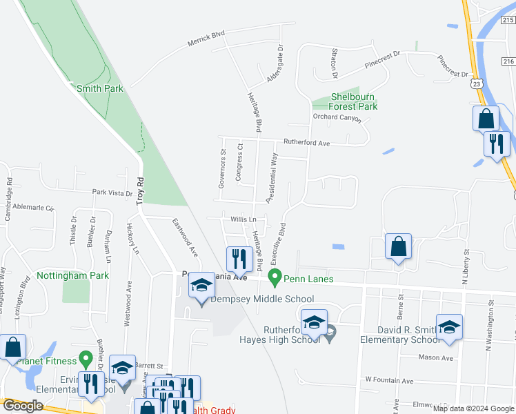 map of restaurants, bars, coffee shops, grocery stores, and more near 566 Presidential Way in Delaware