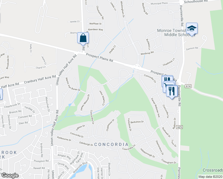 map of restaurants, bars, coffee shops, grocery stores, and more near 10A Thomas Paine Drive in Monroe Township