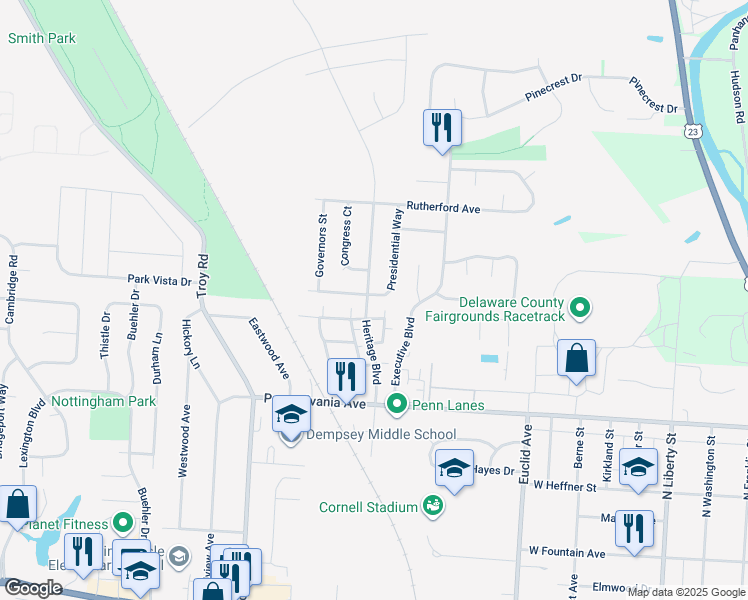 map of restaurants, bars, coffee shops, grocery stores, and more near 566 Presidential Way in Delaware