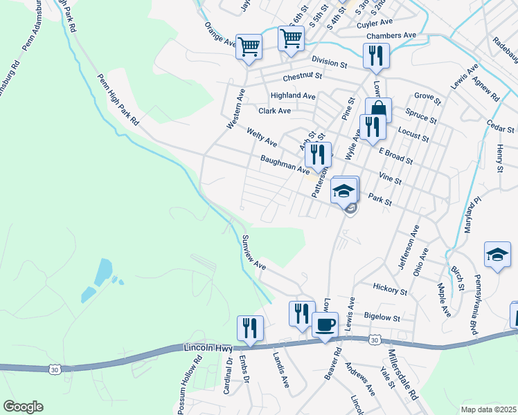 map of restaurants, bars, coffee shops, grocery stores, and more near 1016 Pine Street in Jeannette