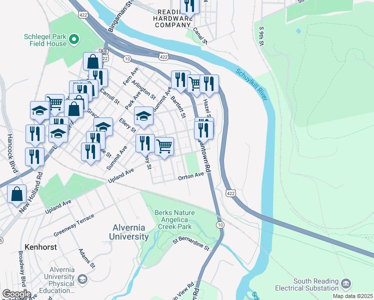 map of restaurants, bars, coffee shops, grocery stores, and more near 113 Upland Avenue in Reading
