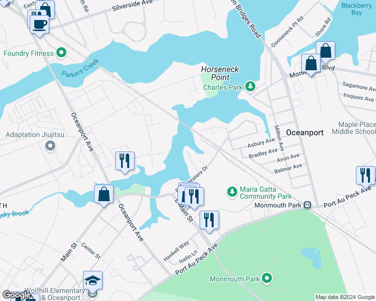 map of restaurants, bars, coffee shops, grocery stores, and more near 57 Bridgewaters Drive in Oceanport