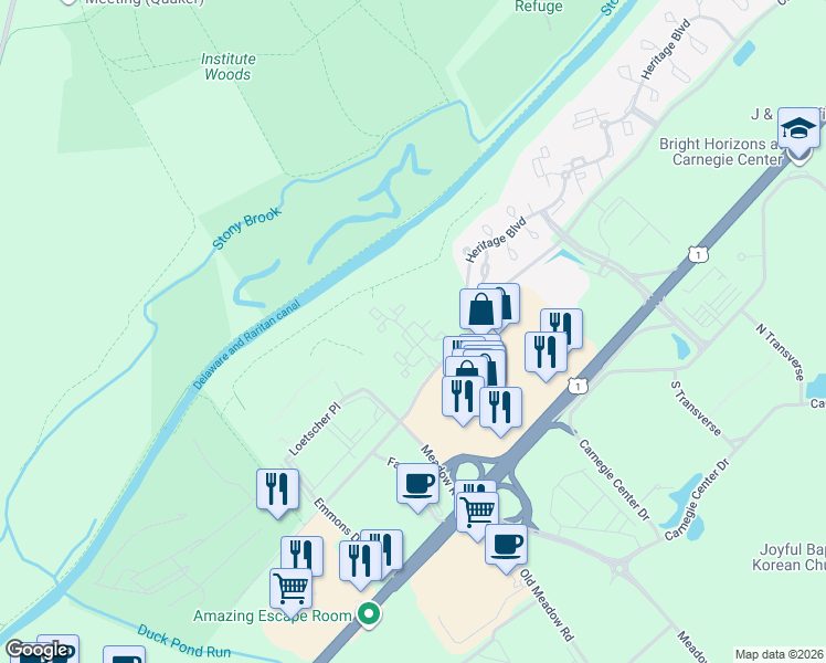 map of restaurants, bars, coffee shops, grocery stores, and more near 121 Rainier Court in Princeton