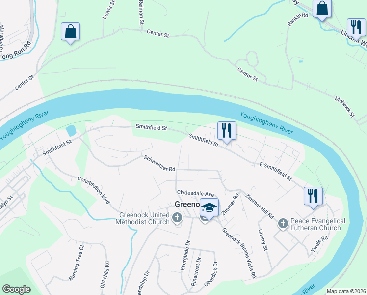 map of restaurants, bars, coffee shops, grocery stores, and more near 303 Terrace Drive in McKeesport