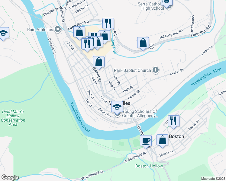 map of restaurants, bars, coffee shops, grocery stores, and more near 505 High Street in McKeesport
