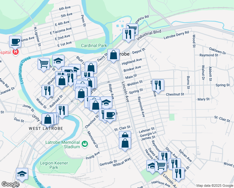map of restaurants, bars, coffee shops, grocery stores, and more near 512 Spring Street in Latrobe