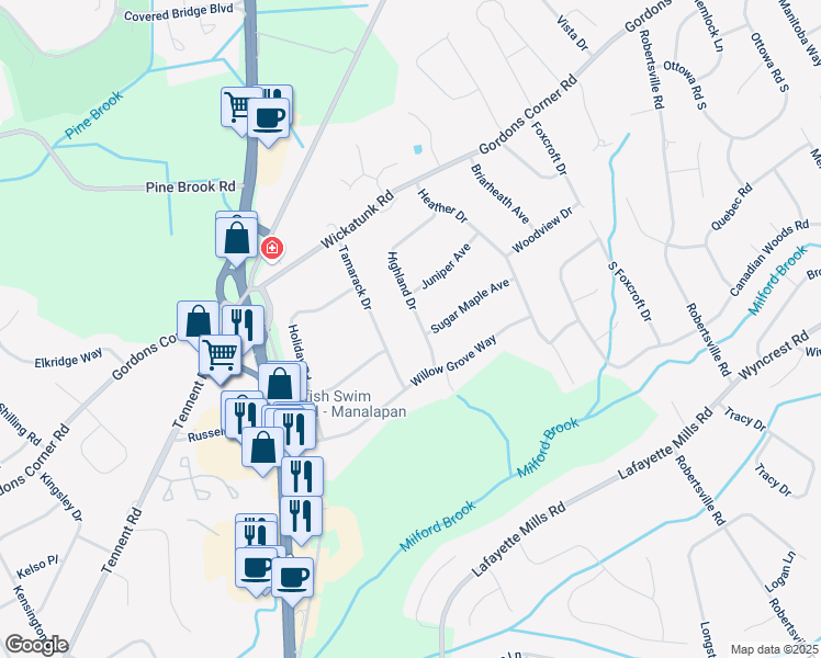 map of restaurants, bars, coffee shops, grocery stores, and more near 31 Highland Drive in Manalapan Township