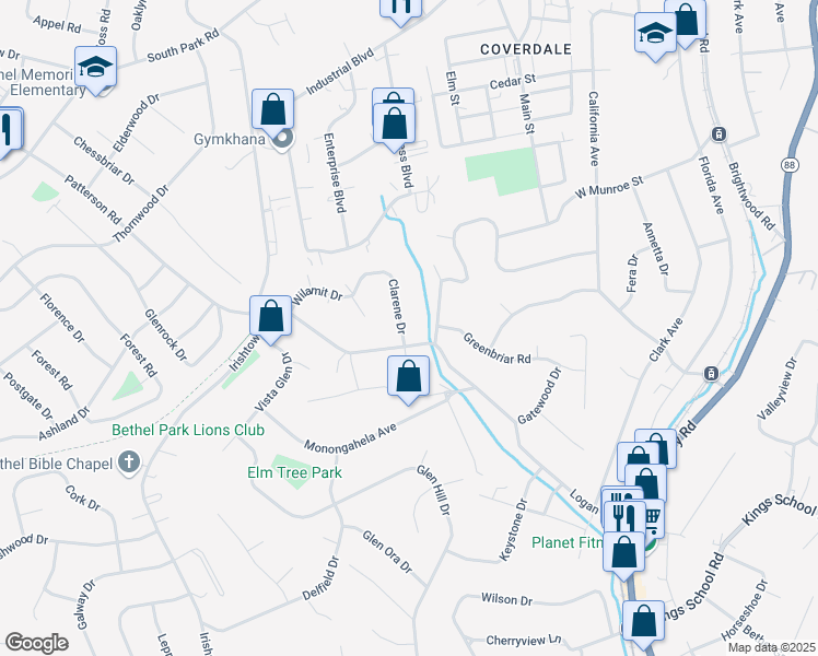 map of restaurants, bars, coffee shops, grocery stores, and more near 5591 Clarene Drive in Bethel Park