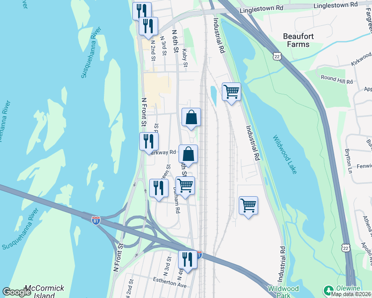 map of restaurants, bars, coffee shops, grocery stores, and more near 4001 North 6th Street in Harrisburg