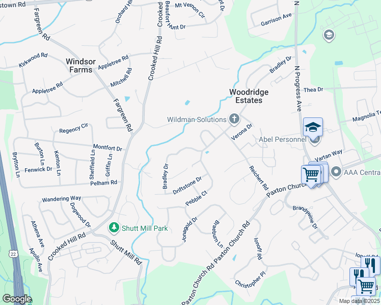 map of restaurants, bars, coffee shops, grocery stores, and more near 1859 Bradley Drive in Harrisburg