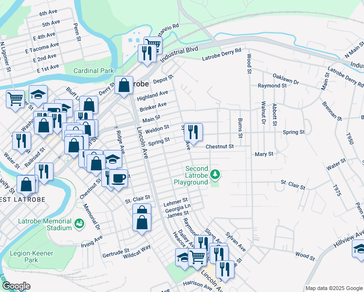 map of restaurants, bars, coffee shops, grocery stores, and more near 736 Chestnut Street in Latrobe